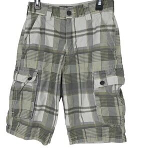 WearFirst Boys Size 12 Plaid Cargo Shorts Grey Olive Green Cotton Nylon Blend